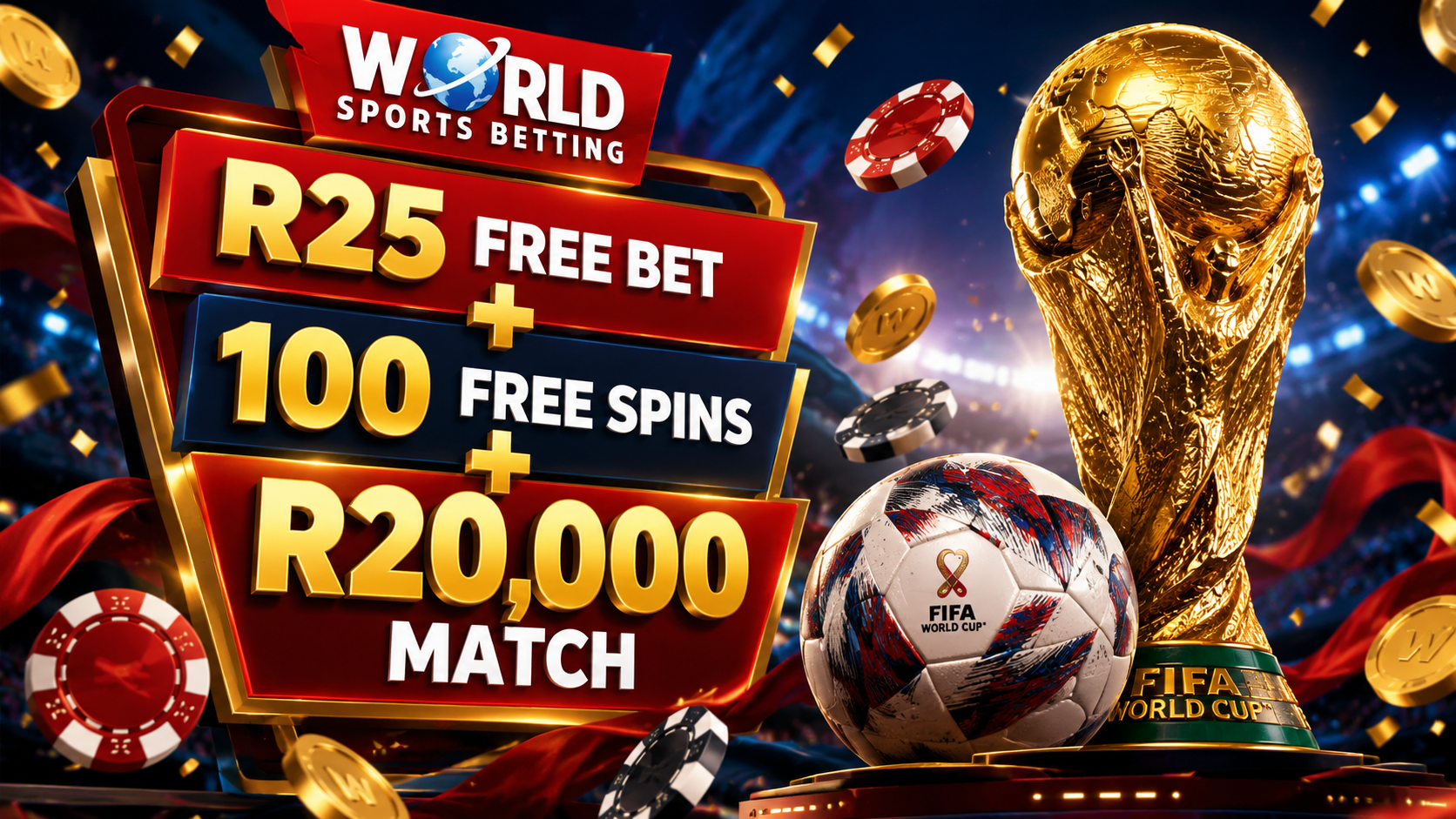 World Cup 2026 welcome pack, World Sports Betting bonus, R25 free bet, 100 free spins, R20,000 deposit match, WSB World Cup promotion, FIFA World Cup betting South Africa